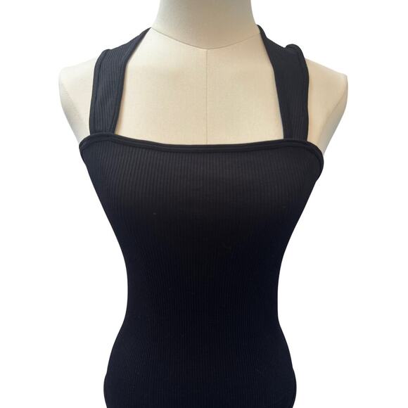 Womens Black Ribbed Sleeveless Bodysuit With Square Neck - Picture 2 of 3